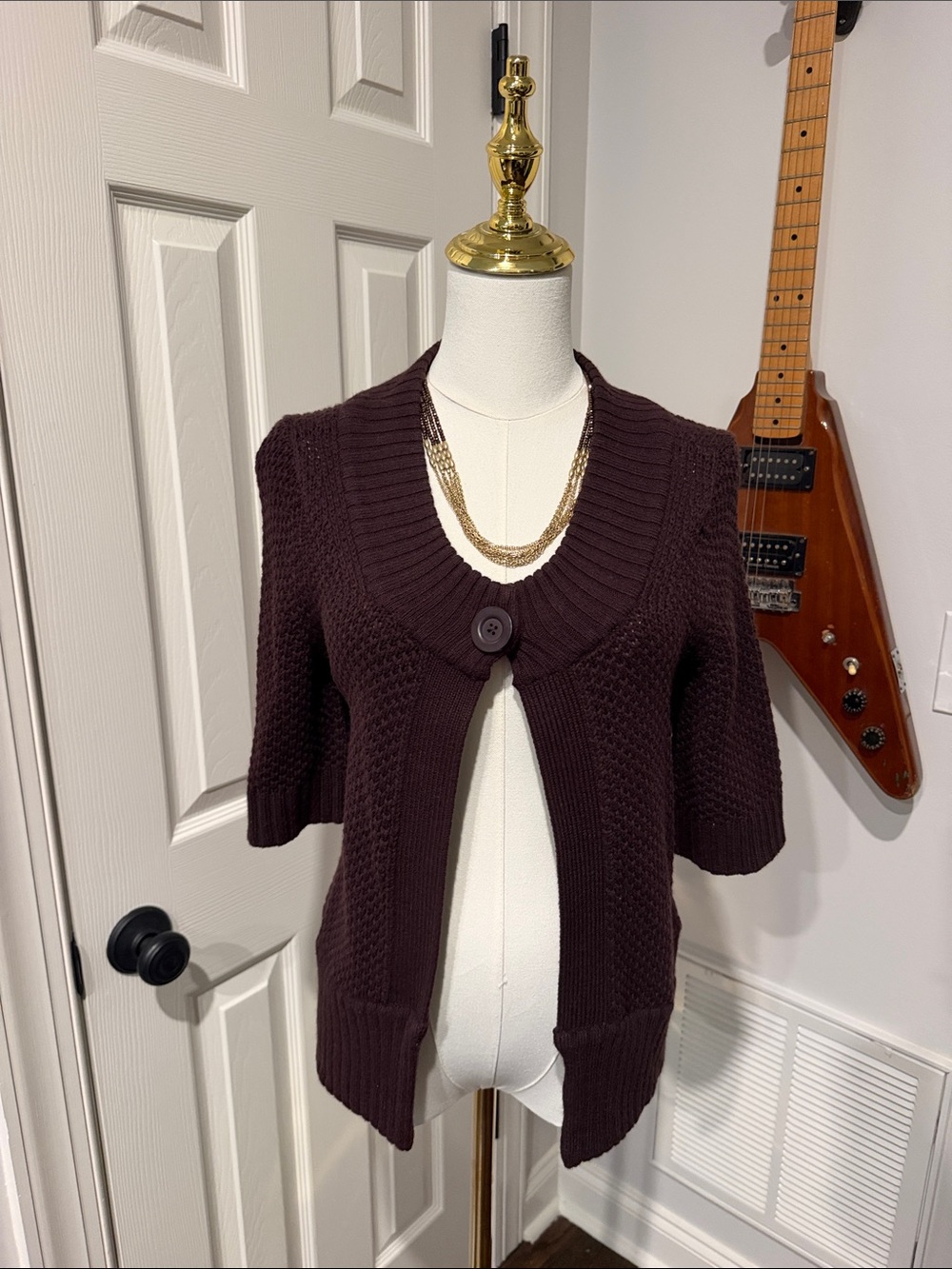 Banana Republic Short-Sleeve Knit Cardigan in Plum